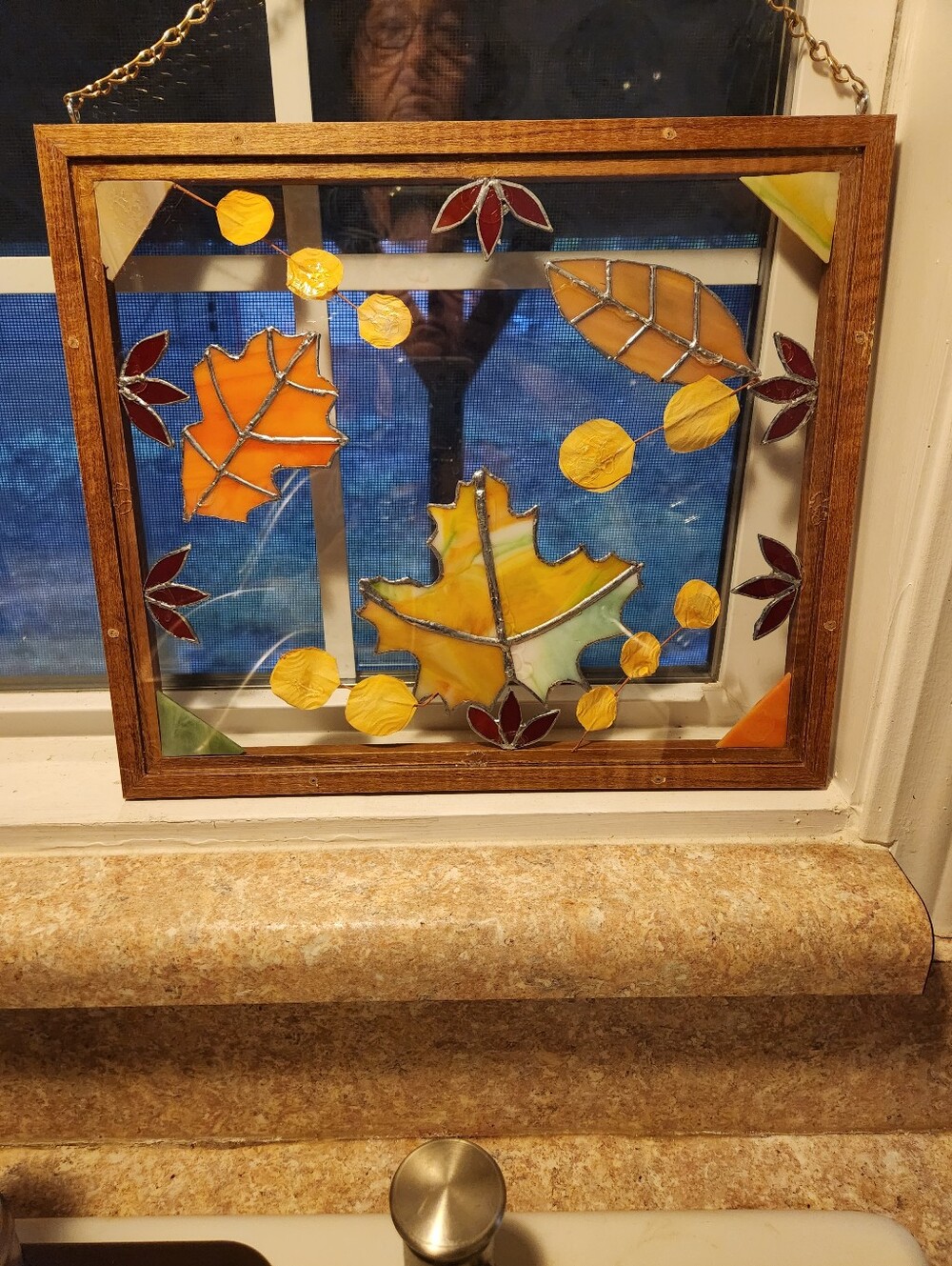 Stained Glass Autumn Leaf Window Panel - Yellow & Orange